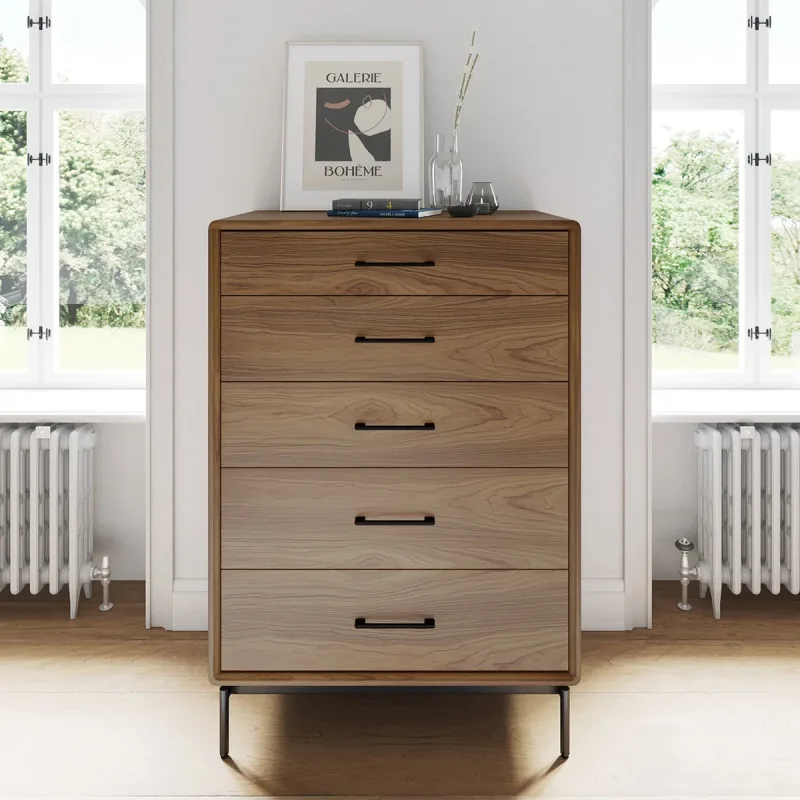 BDI LINQ 9185 Storage Chest with 5 Self-Closing Drawers and Metal Base (Natural Walnut)
